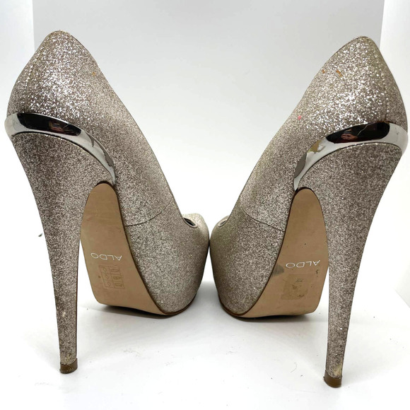Aldo Gold Glitter Platforms Ultra High Heel Platform Sparkle Shoe Size 7 - Picture 5 of 9